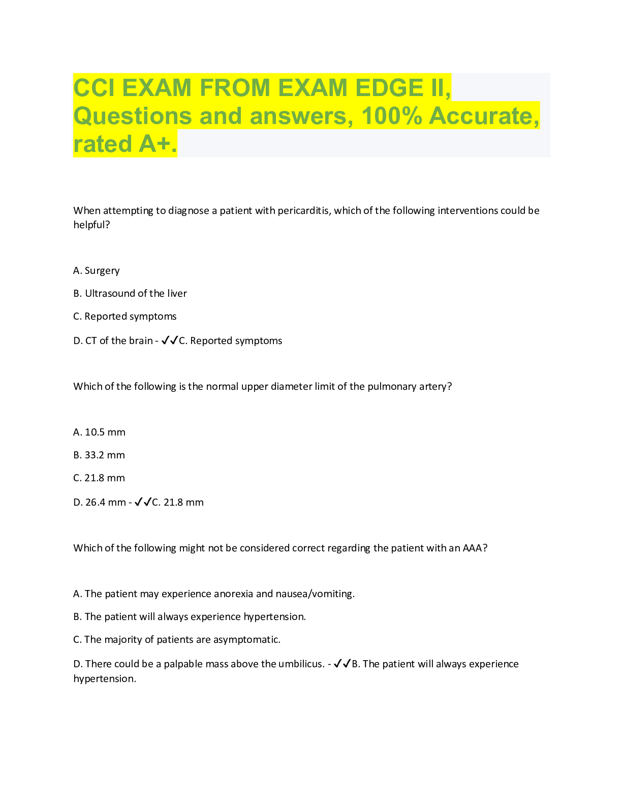 Preview image for CCI EXAM FROM EXAM EDGE II,  Questions and answers, 100% Accurate,  rated A+.